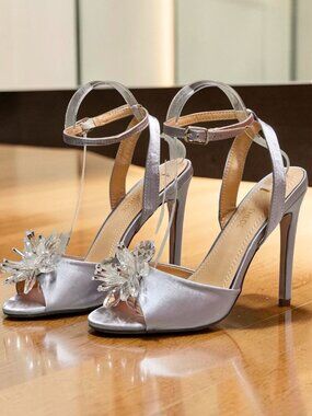 Crystal Embellished Silver Satin High Heel Sandals With Ankle Strap & Peep Toe F